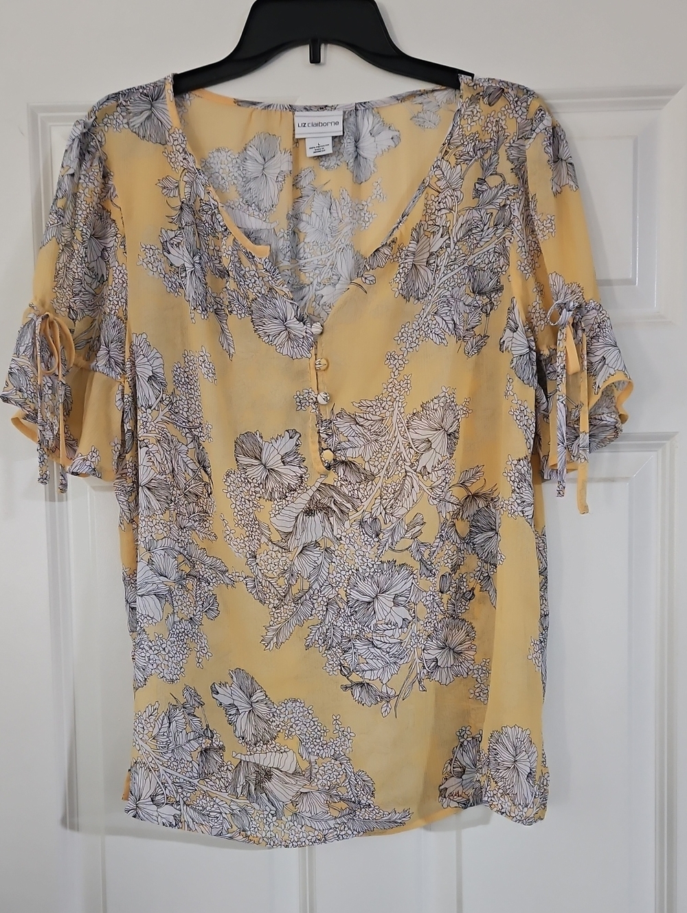 Liz Claiborne Yellow Floral V-Neck Ruffle Sleeve Blouse